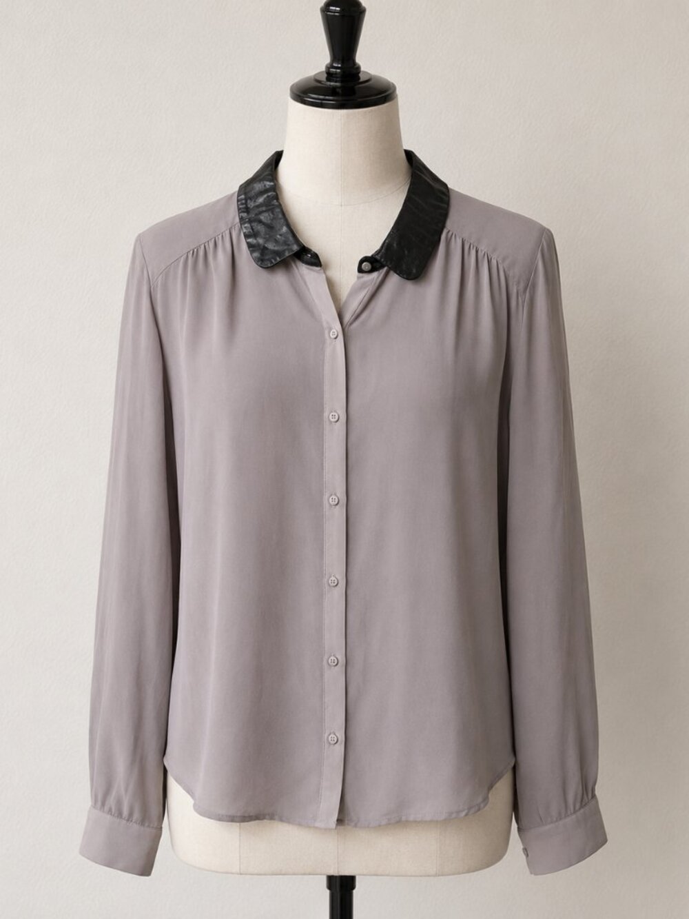 Philosophy Women's Taupe Button-Down Shirt with Faux Leather Black Collar